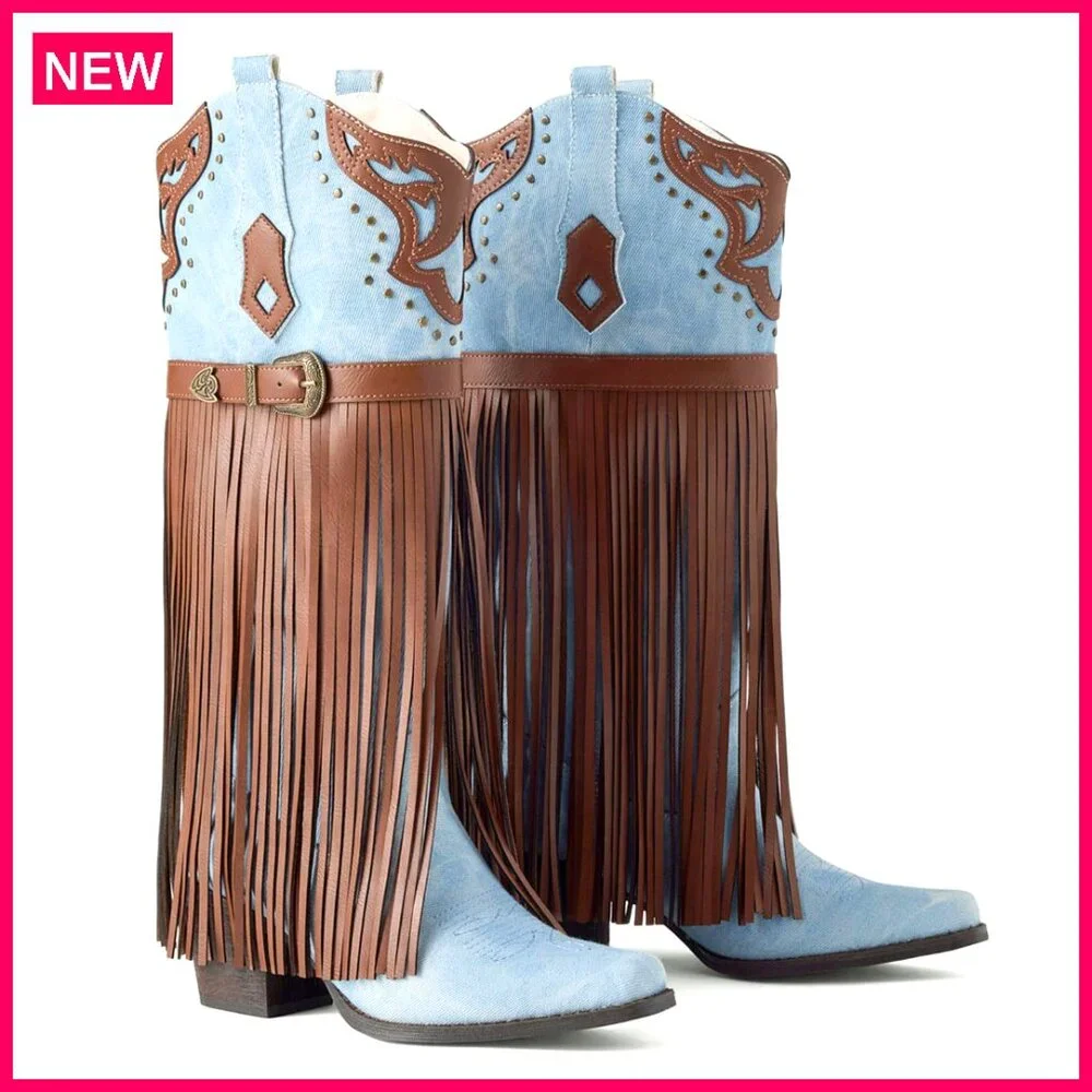 Women's Knee High Cowboy Boots Fringe Embroidered Chunky Heel Pointed Toe - Picture 1 of 6